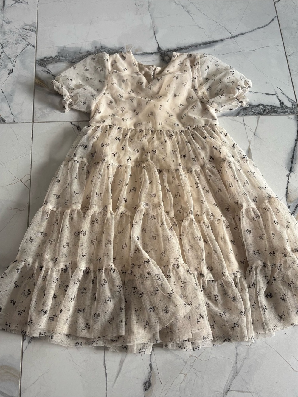 Cream Floral Tiered Kids' Dress with Puff Sleeves